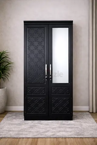 Modern Wooden Wardrobe with Mirror – 2 Door Wardrobe with Lockable Doors