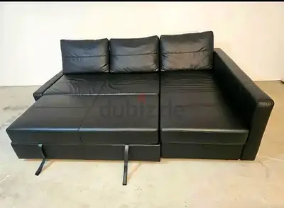Stylish Black Leather Sofa Bed with Storage