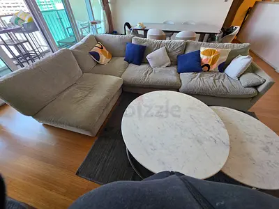 Stylish and Cozy L-Shaped Sofa with Marble Coffee Tables