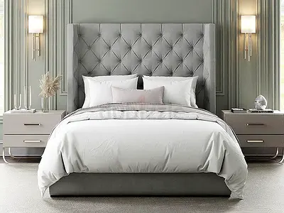 Elegant Grey Bed with Nightstands