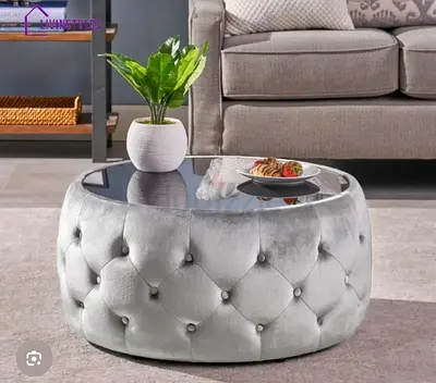 Elegant Round Velvet Coffee Table with Glass Top