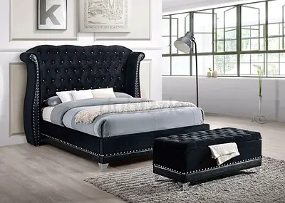 Elegant Black Velvet Bed with Matching Ottoman