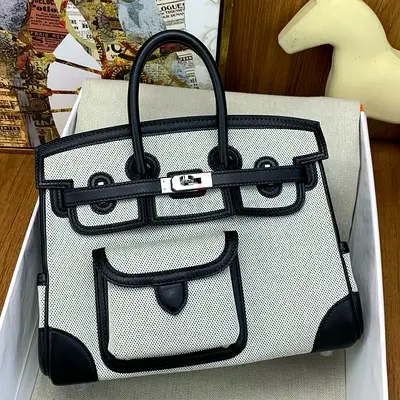 Hermes Birkin Cargo 25 Bag in Ecru Toile and Black Swift Leather