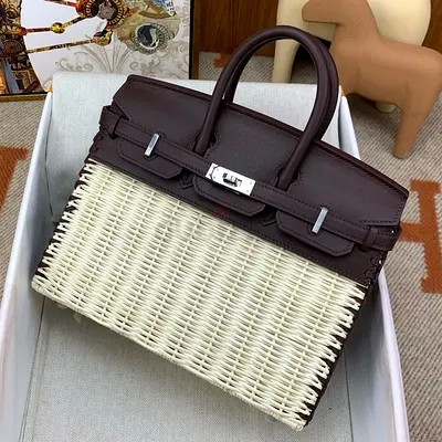 Hermes Picnic Birkin 25 Bag in Wicker with Rouge Sellier Swift Calfskin