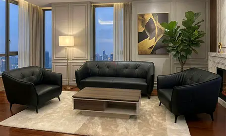 Black PU Leather Office Sofa Set (3+1+1) – Modern Reception Sofa Set with Armchairs
