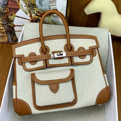 Hermes Birkin Cargo 25 Bag in Ecru Toile and Gold Swift Leather
