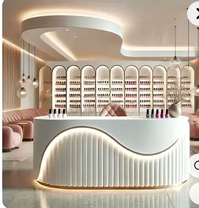 Beautiful saloon Welcome reception with multi layer display shelves