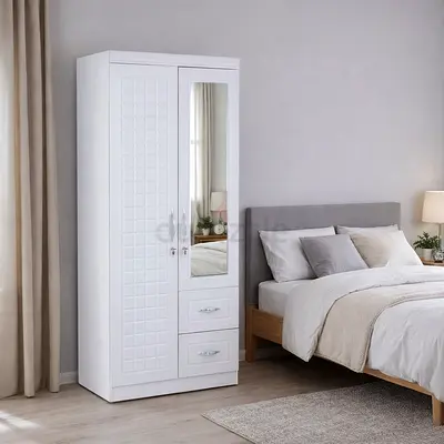 Modern White 2 Door Wooden Wardrobe - Wooden Wardrobe with Mirror  Drawers