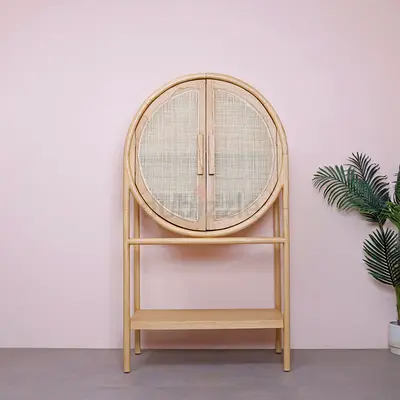 Round wooden rattan cabinet