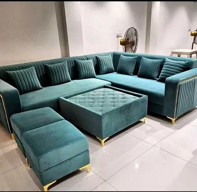 Teal Velvet Luxury Sectional Sofa  Ottoman Set