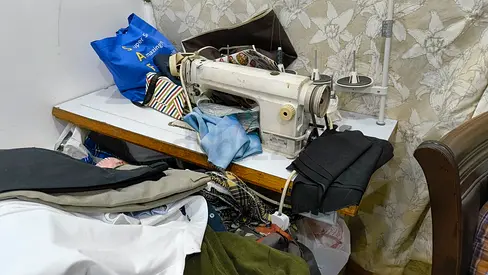 Vintage Sewing Machine Table with Fabric Supplies