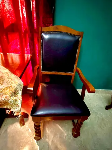 Elegant Wooden Armchair set with Dark Leather Seat
