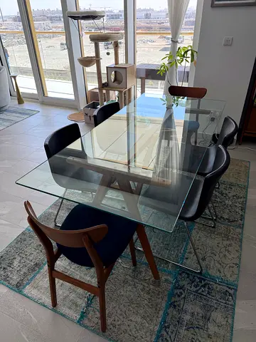 West Elm Mid-century Glass Dining Table with Wooden Legs