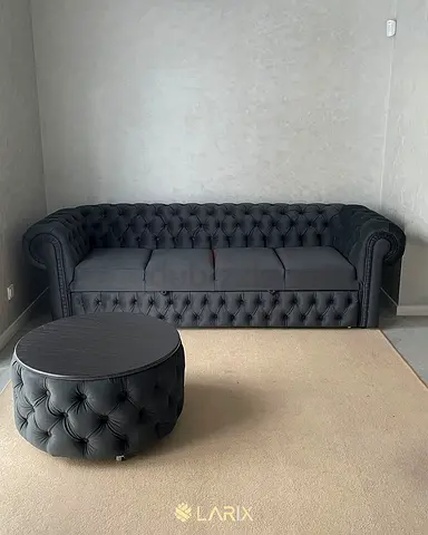 Stylish Black Chesterfield Sofa 240cm with Round Coffee Table