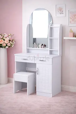 White Dressing Table with Mirror  Stool – Makeup Vanity Table with Drawers  Cabinet for Home