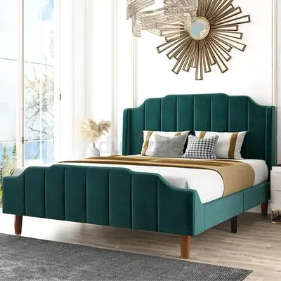 Elegant Green Velvet Bed Frame with Luxurious Headboard