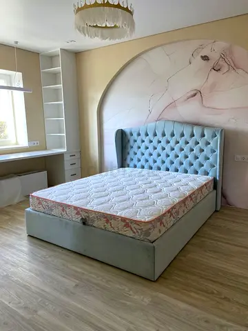 Elegant Blue Upholstered Bed with Mattress