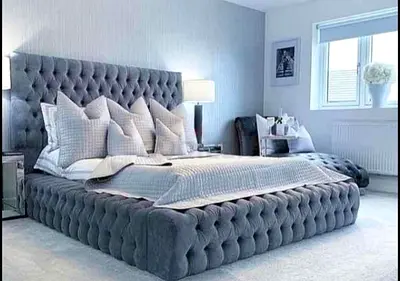 Elegant Grey Velvet King Size Bed with Luxurious Headboard