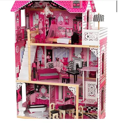 Charming Pink Dollhouse with Furniture
