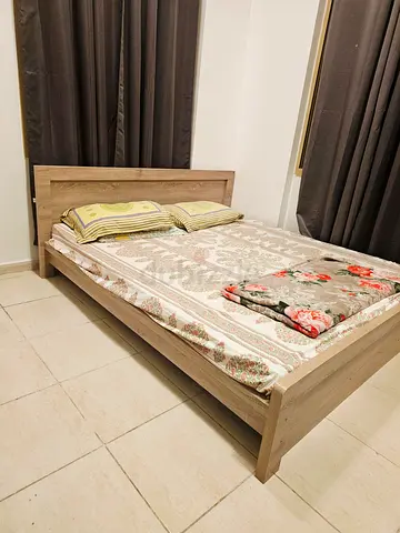 Stylish Modern Bed Frame with Mattress and cubboard-. Beige colour hardly used.- Homecenter.