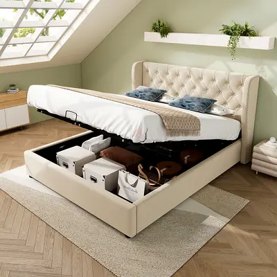 Upholstered Bed, Hydraulic Lift, Storage Queen  Bed