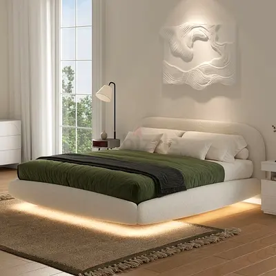 Contemporary Upholstered Bed with Cozy Bedding