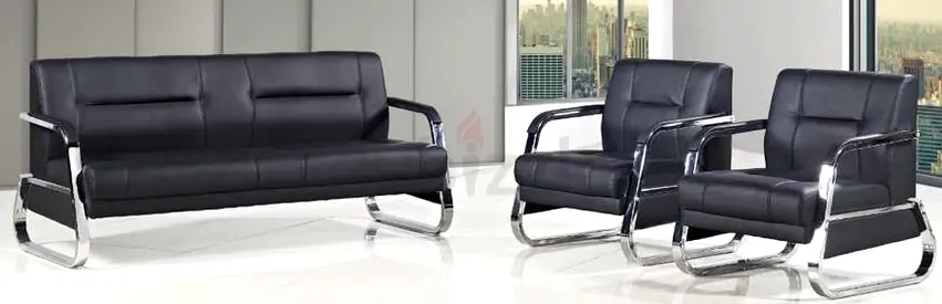 Modern Black Leather Sofa Set with Chrome Accents