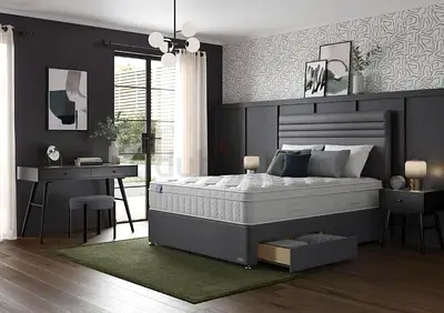 Modern Grey Upholstered Bed with Stylish headboard and Drawers Storageb