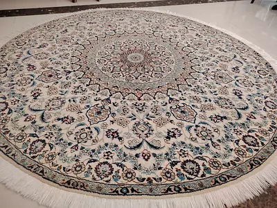 Rare Round Vintage Persian Naeen (50+ years) 6LA - Silk  Fine Wool - 185cm Diametre - Pristine