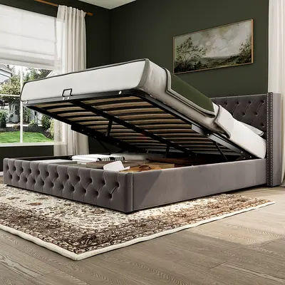 Gray colour Upholstered Bed, Hydraulic Lift, Storage  king size bed