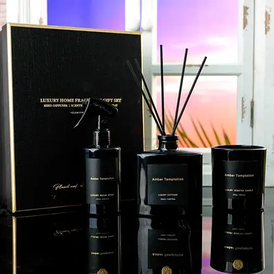 Luxurious Home Fragrance Gift Set - Reed Diffuser, Candle, and Room Spray