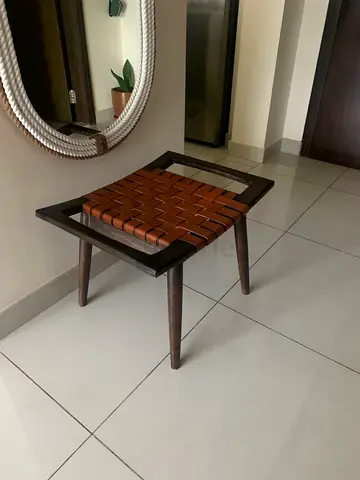 Contemporary Retro Wood + Leather Weaving Square Accent Chair