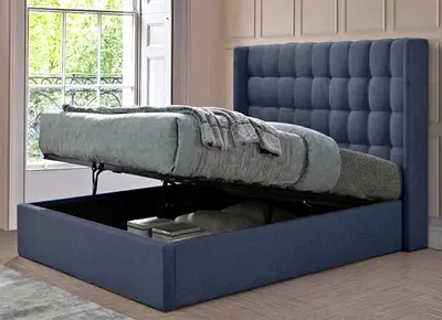 Stylish Blue Upholstered Bed with Storage