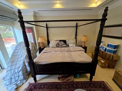Solid Rosewood Four-Poster Bed with Mattress and Side Tables