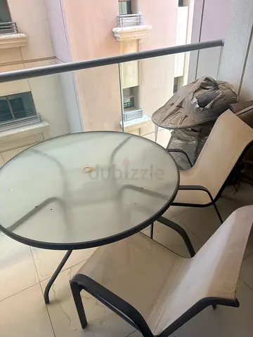 Glass Round Table with Chairs, umbrella and barbecue