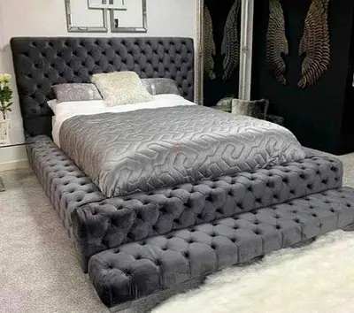Elegant Grey Velvet Fabric Tufted Bed Frames Brand New Available in Storage
