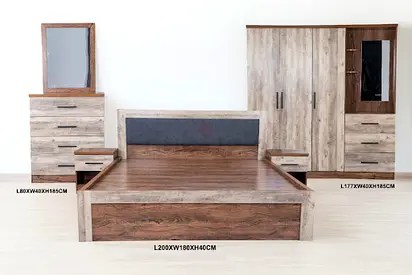 This king-size bedroom set features a modern, rustic aesthetic, blending weathered grey