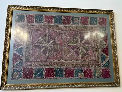 Intricately Designed Framed Textile Art with a vintage look, perfect for living rooms