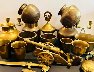 Vintage Brass Collectibles Featuring Canon, Knifes, Lighter and Pots and more