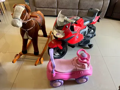 Variety of Toys for Kids: Ride-On Horse, Motorcycle, and Car