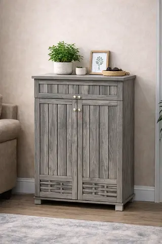 Modern Grey Wooden Shoe Cabinet with Drawer – 2 Door Storage Organizer for Living Room  Entryway