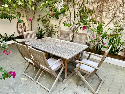 ACE wood dining table  6 chairs with cushions  umbrella