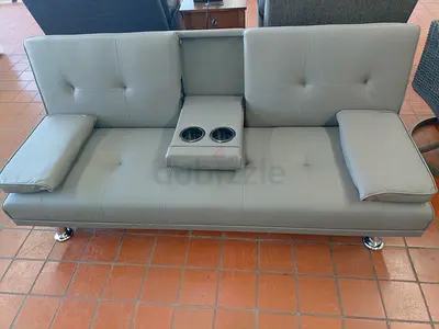 Comfortable Grey Futon Sofa with Cup Holders