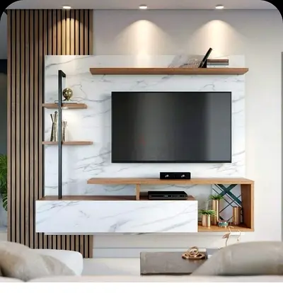 Modern Marble  Wood Floating Entertainment Center
