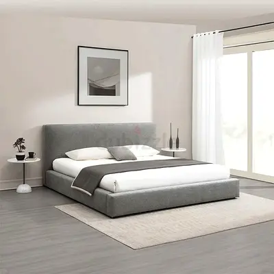 Stylish Modern King Size Bed with Soft Grey Upholstery