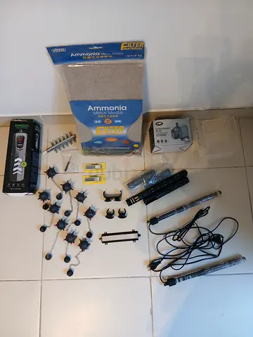 Aquarium accessories, 3 heaters, water pump, oxygen divider etc