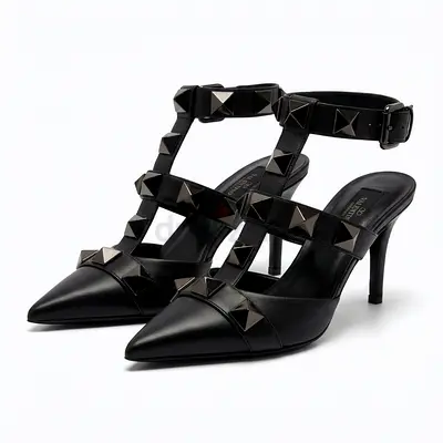 Valentino shoes Calfskin Monochrome Roman Stud Ankle Strap 80mm Pumps 37 Black