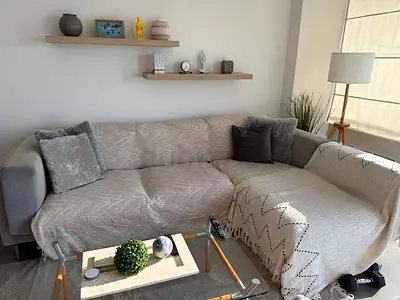 Cozy L-Shaped Sofa with Stylish Throw