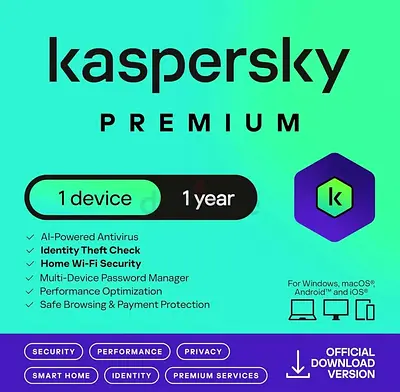 Kaspersky Premium 2025 (Previously Total Security) | 1 Device | 1 Year | Global Licence