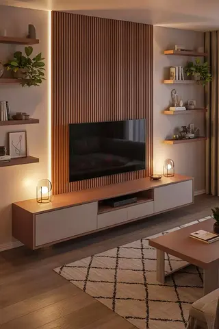 Warm Minimalist Slatted TV Wall